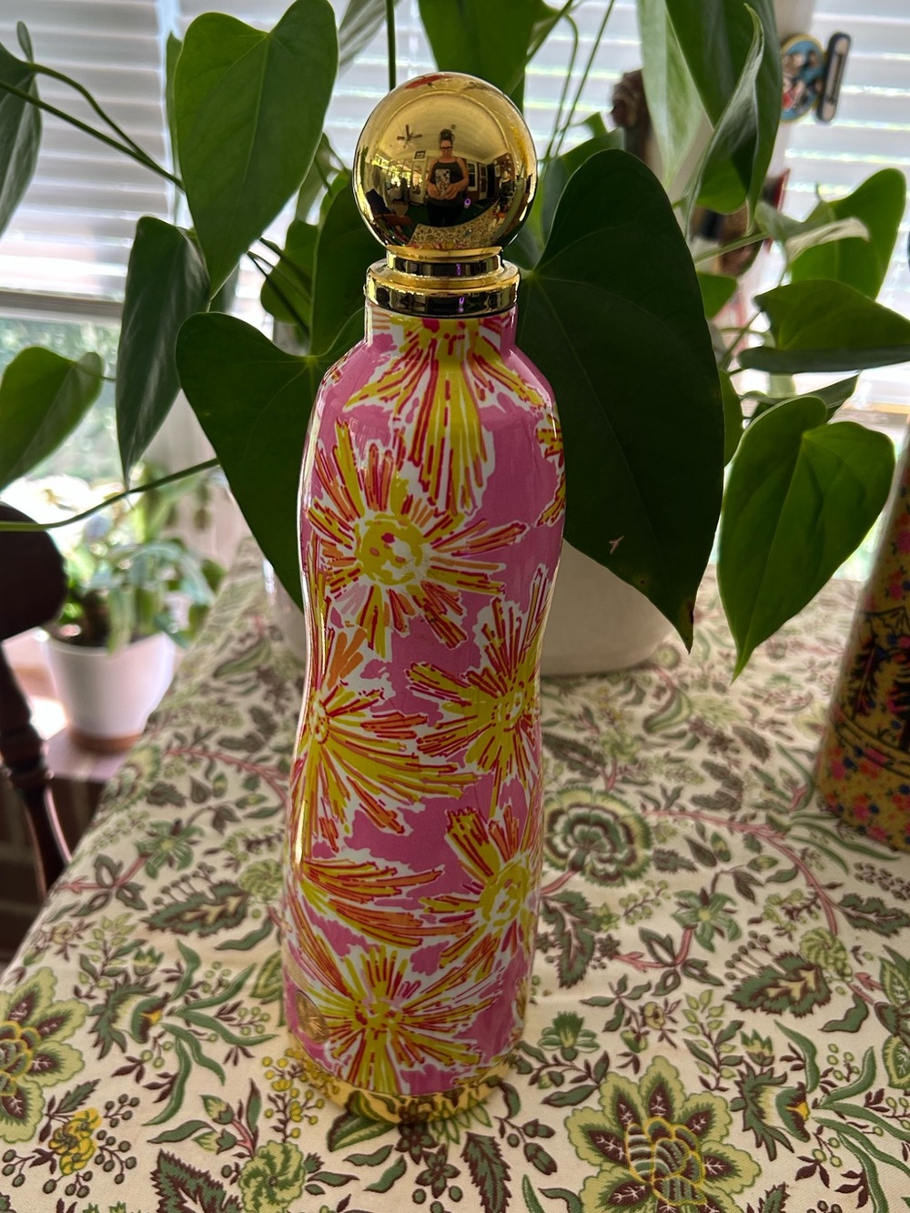 Pink Floral Ceramic Accent Bottle with Gold Top, 24 oz